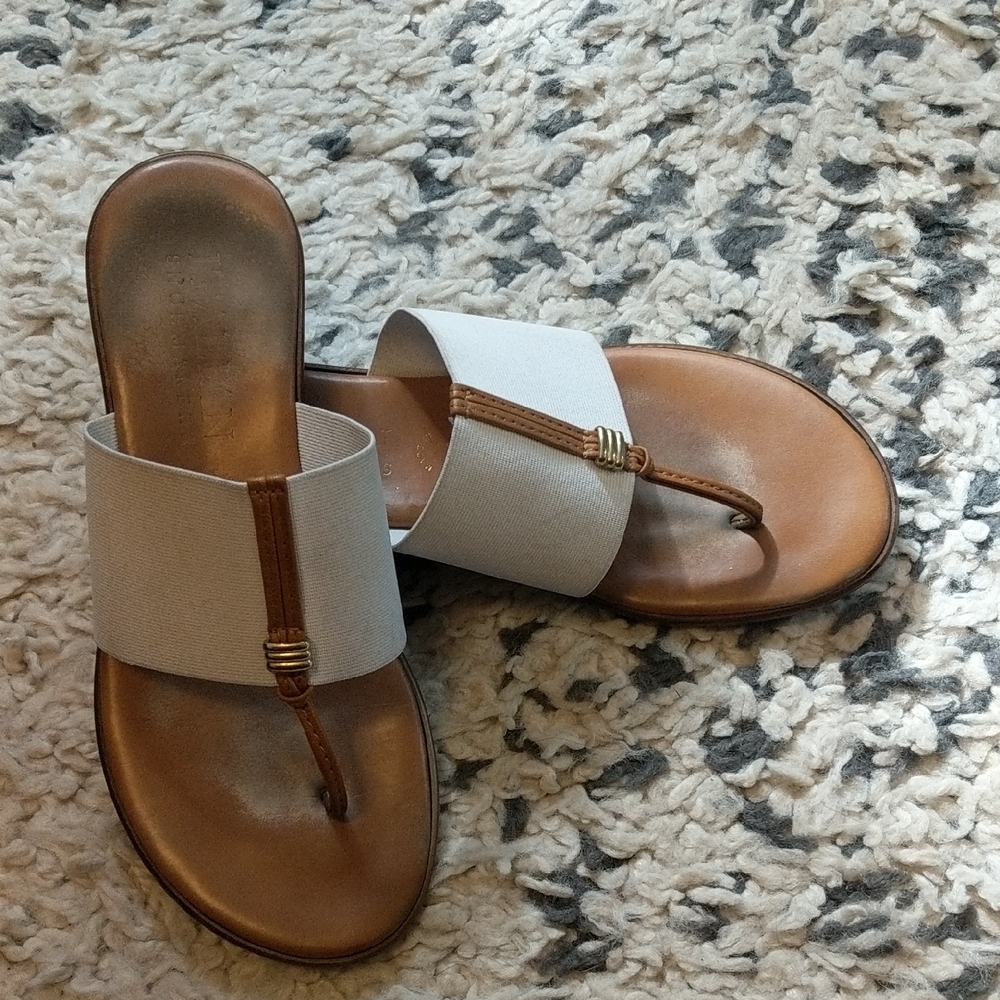 Italian Shoemakers Ivory and Brown Elastic Thong Sandals